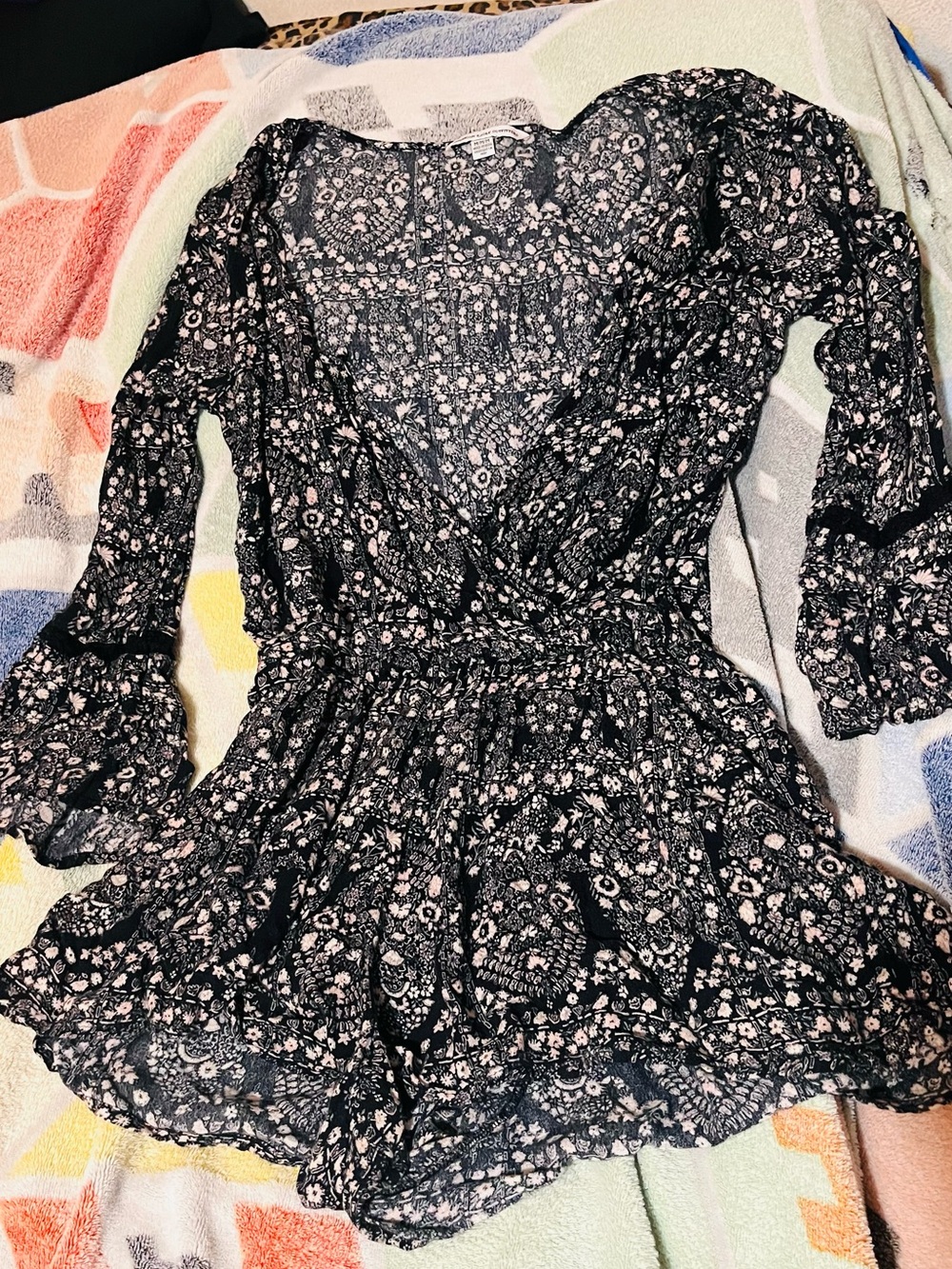 American Eagle Outfitters Black Romper with Pink Floral Print
